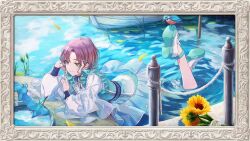 1girl absurdres asakura_toru bad_link bird blue_eyes dress earrings fence flower hair_ornament highres idolmaster idolmaster_shiny_colors jewelry legband official_art smile sunflower water