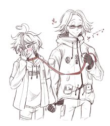 2boys ahoge aotsuki_eito black_gloves blush closed_eyes closed_mouth collar drawstring eyelashes fingernails glasses gloves hand_up heart holding_hands leash limited_palette male_focus messy_hair multicolored_hair multiple_boys parted_hair smile streaked_hair sumino_takumi sunglasses the_hundred_line_-last_defense_academy- white_background yaoi