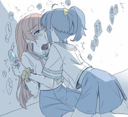 Rule 34 | 2girls, blue hair, blue sailor collar, blue skirt, blush, bow, green eyes, hair bow, highres, hirogaru sky! precure, holding hands, izumi kirifu, kiss, long hair, multiple girls, nijigaoka mashiro, orange hair, ponytail, precure, sailor collar, school uniform, scrunchie, serafuku, shirt, skirt, sora harewataru, speech bubble, sweat, translation request, white shirt, wrist scrunchie, yellow bow, yuri
