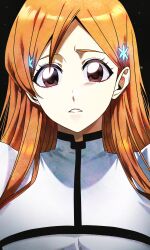 Rule 34 | 1girl, absurdres, black background, bleach, brown eyes, female focus, hair ornament, hairclip, highres, inoue orihime, looking at viewer, n (nauki 11), orange hair, simple background, teeth
