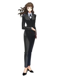 1girl black_pants black_shoes black_suit black_vest book brown_eyes brown_hair dairoku_ryouhei formal_clothes holding holding_book ishikawa_yuga kazumiya_taki long_hair looking_at_viewer pants serious shoes solo standing suit transparent_background vest wavy_hair