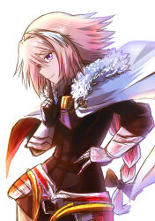 1boy absurdres arm_guards armor armored_gloves astolfo_(fate) braid cloak coat crossdressing emblem fate/apocrypha fate/grand_order fate_(series) finger_to_mouth fur-trimmed_coat fur_trim hair_intakes hand_on_own_hip highres kasutera_(toho_16sakuya) multicolored_hair one-hour_drawing_challenge pink_hair purple_eyes red_cloak single_braid streaked_hair trap white_cloak white_hair