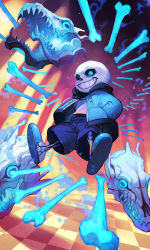 1boy blue_eyes blue_fire blue_hoodie blue_jacket bone checkered_floor commentary_request fire flaming_eye floating furrowed_brow gasterblaster glowing glowing_eye grin hands_in_pockets highres hood hooded_jacket hoodie indoors jacket lack looking_at_viewer male_focus perspective sans_(undertale) shorts skeleton skull slippers smile solo spoilers sweater tile_floor tiles undertale weapon white_sweater