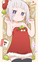 1girl bare_arms bare_shoulders bell black_thighhighs blush breasts bun_cover cake cake_slice censored christmas closed_mouth collarbone commentary_request cowboy_shot double_bun dress food fur-trimmed_dress fur-trimmed_headwear fur_trim grey_hair hair_bun hands_up highres censored_identity kfc looking_at_viewer merry_christmas original purple_eyes red_dress red_headwear samansa_ex short_dress short_hair small_breasts solo strapless strapless_dress thighhighs