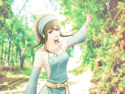 1girl :d apron azu_rin_go bokujou_monogatari bokujou_monogatari:_tsunagaru_shin_tenchi braid breasts collarbone cowboy_shot day floating_hair green_apron green_eyes green_hair green_headband green_shirt hair_between_eyes headband highres licorice_(bokujou_monogatari) long_sleeves looking_at_viewer medium_breasts nature open_mouth outdoors pointing pointing_up sash shirt short_hair_with_long_locks side_braids smile solo watercolor_background white_shirt wide_sleeves yellow_sash
