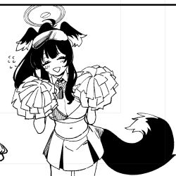 1girl :d ^_^ ahoge animal_ears blue_archive breasts cheerleader cleavage closed_eyes commentary_request cowboy_shot cropped dog_ears dog_girl dog_tail dorontabi floppy_ears flying_sweatdrops goggles goggles_on_head greyscale halo hibiki_(blue_archive) hibiki_(cheer_squad)_(blue_archive) high_ponytail holding holding_pom_poms large_breasts light_blush long_hair midriff millennium_cheerleader_outfit_(blue_archive) miniskirt monochrome navel open_mouth pleated_skirt pom_pom_(cheerleading) pom_poms ponytail simple_background skirt smile solo sports_bra sweatdrop tail tail_raised white_background wing_collar