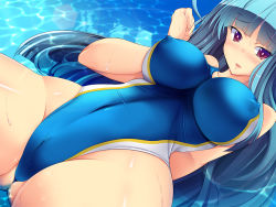1girl blue_hair breasts cameltoe competition_swimsuit covered_erect_nipples female_focus huge_breasts impossible_clothes impossible_swimsuit one-piece_swimsuit original red_eyes solo swimsuit torisan water