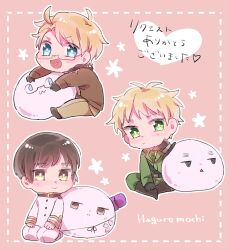 3boys ahoge america_(hetalia) axis_powers_hetalia black_gloves black_hair black_hat black_shoes blonde_hair blue_eyes brown_jacket brown_pants buttons chibi chibi_only closed_mouth commentary_request fur-trimmed_jacket fur_trim glasses gloves green_eyes green_jacket green_necktie green_pants green_shirt hair_between_eyes hat heart heart_in_mouth highres jacket japan_(hetalia) long_sleeves looking_at_viewer male_focus messy_hair military_jacket military_uniform multiple_boys necktie nekojiri open_clothes open_jacket open_mouth pants pink_background puffy_long_sleeves puffy_sleeves red-framed_eyewear seiza semi-rimless_eyewear shirt shoes short_hair simple_background sitting smile star_(symbol) star_print top_hat united_kingdom_(hetalia) v-shaped_eyebrows white_jacket white_pants white_shoes yellow_eyes