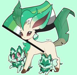 aromantic_flag artist_name brown_eyes closed_eyes flag gen_4_pokemon green_background green_fur highres leaf leafeon lgbt_pride nintendo no_humans open_mouth pokemon pokemon_(creature) pypixy sprigatito two-tone_fur white_fur