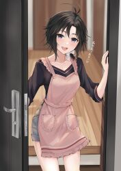 Rule 34 | 1girl, absurdres, aburi-gatana, antenna hair, apron, black eyes, black hair, black shirt, blush, collarbone, cowboy shot, door, from outside, hand up, heart, highres, idolmaster, idolmaster (classic), indoors, kikuchi makoto, long sleeves, looking at viewer, open mouth, pink apron, shirt, short hair, shorts, smile, solo, standing, teeth, translated, upper teeth only