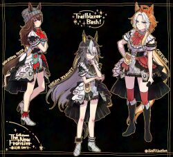 3girls adversarial_noise ahoge animal_ears arm_at_side beanie black_background black_boots blue_eyes boots bow bowtie breasts brown_hair character_name closed_mouth corset crossed_arms dream_journey_(umamusume) ear_covers ears_through_headwear elbow_rest full_body glasses grey_boots grey_shirt grey_shorts hand_on_own_chin hand_on_own_hip hat hi_(ibisf5umauma) highres holding holding_microphone horse_ears horse_girl horse_tail long_sleeves looking_at_viewer microphone multiple_girls multiple_views nakayama_festa_(umamusume) orange_hair orange_outline orfevre_(umamusume) outline overskirt purple_eyes red_thighhighs shirt short_sleeves shorts single_ear_cover small_breasts smile standing standing_on_one_leg stroking_own_chin tail thighhighs trailblazer_bash!_(umamusume) twitter_username umamusume v-shaped_eyebrows