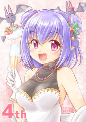 1girl akihara_ryou alcohol artist_name bare_shoulders bat_(animal) breasts cup dated demon_girl double_bun gloves hair_bun highres holding holding_cup iris_mysteria! jewelry looking_at_viewer medium_breasts necklace open_mouth pointy_ears purple_eyes purple_hair smile upper_body valeria_ristie_de_serbanescu vampire white_glov