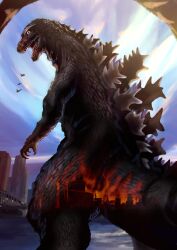 bird blue_sky bridge building city claws clock clock_tower cloud day debris destruction dinosaur ears embers fire flying from_behind from_below giant giant_monster godzilla godzilla_(1954) godzilla_(series) highres kaiju looking_back monster no_humans nyoruniru open_mouth real_world_location roaring rubble sea_monster sharp_teeth sky spikes tail teeth toho tokyo_(city) tongue tower wako_(department_store) wako_clock_tower water wings