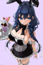 1girl adapted_costume alternate_costume animal_ear_hairband animal_ears apron bare_shoulders bikini blue_eyes bow braid breasts cahryos cherry cleavage cowboy_shot cream dessert detached_collar dress fake_animal_ears fake_tail fishnets food frilled_apron frills fruit glass hairband highres holding holding_tray hololive hololive_english ice_cream ice_cream_float large_breasts long_hair looking_at_viewer low_twin_braids maid maid_apron maid_bikini maid_cafe official_alternate_hairstyle ouro_kronii ouro_kronii_(maid) parfait plate pocket_watch rabbit_ear_hairband rabbit_ears rabbit_tail skirt smile solo spoon strawberry sundae swimsuit tail thighhighs tray twin_braids unconventional_maid virtual_youtuber wafer wafer_stick waist_apron waitress watch whipped_cream white_apron