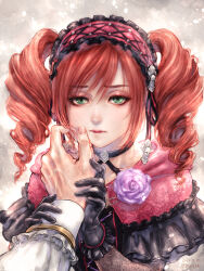 1boy 1girl amy_sorel artist_name black_choker black_dress capelet cheek_pinching choker dated dress drill_hair green_eyes grey_background headdress highres long_hair looking_at_viewer morito_leaf9 out_of_frame pinching pink_capelet portrait raphael_sorel red_hair solo_focus soul_calibur soulcalibur soulcalibur_vi twin_drills variant_set