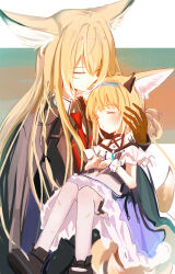 2girls animal_ears arknights black_gloves blonde_hair blue_hairband carrying carrying_person closed_eyes closed_mouth commentary dress fox_ears fox_girl fox_tail gloves hairband highres kukimaru_(pixiv49247046) material_growth mother_and_daughter multiple_girls necktie oripathy_lesion_(arknights) pantyhose purple_dress red_necktie suzuran_(arknights) tail vulpisfoglia_(arknights) white_pantyhose