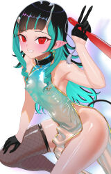 1girl absurdres alternate_costume belt_collar black_gloves black_hair blue_dress blue_hair blush buren collar covered_erect_nipples demon_girl demon_horns demon_tail dress earrings fang feet_out_of_frame fishnet_thighhighs fishnets flat_chest gloves grin highres holding horns jewelry long_hair looking_at_viewer multicolored_hair nanashi_inc. nipple_piercing no_panties piercing piercing_through_clothes pointy_ears red_eyes shiny_skin shishio_chris sleeveless sleeveless_dress smile solo stud_earrings tail thighhighs two-tone_hair virtual_youtuber