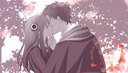 Rule 34 | 1boy, 1girl, aged up, anya (spy x family), black cloak, cloak, damian desmond, eden academy school uniform, greyscale, hairpods, hand on another&#039;s chin, height difference, highres, kiss, long hair, minagawa emu, monochrome, school uniform, spy x family, watermark