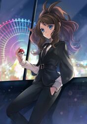 1girl belt black_necktie black_pants black_suit blue_eyes breasts brown_hair business_suit closed_mouth collared_shirt ferris_wheel formal_clothes high_ponytail highres hilda_(pokemon) holding holding_poke_ball long_hair looking_at_viewer necktie nintendo pants poke_ball poke_ball_(basic) pokemon pokemon_bw ponytail shirt sidelocks solo suit white_shirt yomogi_(black-elf)