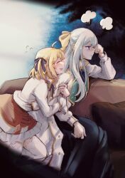 2girls ahoge angry anisphia_wynn_palettia arm_hug black_ribbon blue_skirt blush closed_eyes closed_mouth coat commentary_request euphyllia_magenta flying_sweatdrops grey_hair hair_ribbon highres jacket long_hair looking_at_another multiple_girls open_mouth puff_of_air purple_eyes qqwan120 red_skirt ribbon sitting skirt smile tensei_oujo_to_tensai_reijou_no_mahou_kakumei thighhighs white_coat white_jacket white_thighhighs yellow_ribbon