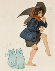 1girl 2025 animal bandaid bandaid_on_knee bandaid_on_leg bare_legs black_hair black_skirt blue_jacket buttons cat finger_to_mouth from_side ghost hat jacket long_hair open_clothes open_jacket original pleated_skirt red_scarf scarf shushing simple_background simz skirt solo standing standing_on_one_leg sweatdrop white_background witch_hat