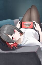1girl absurdres black_hair black_pantyhose breasts collared_shirt colored_inner_hair commentary_request ellen_joe ellen_joe_(on_campus) handheld_game_console highres holding holding_handheld_game_console large_breasts lollipop_in_mouth looking_at_viewer lying mario_(series) mario_kart mario_kart_world mole mole_under_eye multicolored_hair nintendo nintendo_switch_2 official_alternate_costume on_back pantyhose red_eyes school_uniform shirt short_hair solo thomas_8000 white_shirt zenless_zone_zero