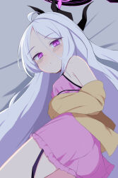 1girl ahoge bare_shoulders black_halo black_horns blue_archive blush breasts demon_horns demon_wings halo highres hina_(blue_archive) horns io9 long_hair looking_at_viewer lying multiple_horns off_shoulder on_side pajamas pink_eyes pink_pajamas small_breasts solo sweater wings yellow_sweater