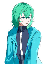 1other androgynous black_shirt blue_eyes blue_jacket commentary_request green_hair hair_between_eyes highres hood hood_down hooded_jacket jacket len&#039;en long_sleeves looking_to_the_side loose_hair_strand medium_hair open_clothes open_jacket open_mouth other_focus shirt shitodo_aoji simple_background smile solo turtleneck turtleneck_shirt upper_body white_background yoni. zipper zipper_pull_tab