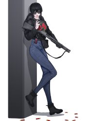1girl absurdres black_boots black_hair boots cellphone denim digital_media_player earphones gloves gun hand_tattoo highres hood hoodie jeans leaning long_hair original pants peinlike phone pillar ponytail shotgun shotgun_shell single_glove smartphone solo sunglasses tattoo weapon white_background yellow_eyes