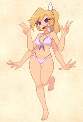 1girl :d absurdres bare_shoulders barefoot bikini blonde_hair blue_eyes breasts collarbone commentary double_v english_commentary extra_arms fangs full_body highres looking_at_viewer navel nelly_(xyronii) open_mouth original ponytail purple_bikini smile solo standing standing_on_one_leg swimsuit v xyronii yellow_background