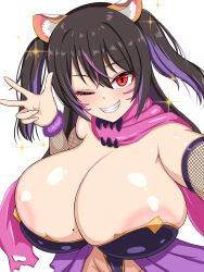 1girl animal_ears areola_slip arm_up bare_shoulders black_hair breasts cleavage commentary facial_mark fishnets grin groin hair_between_eyes hand_up highleg highleg_leotard highres huge_breasts kunoichi_shiden last_origin leotard light_blush long_hair looking_at_viewer mole mole_on_breast multicolored_hair ninja one_eye_closed outstretched_arm pink_scarf purple_hair purple_leotard reaching reaching_towards_viewer red_eyes scarf selfie shiny_clothes shiny_leotard shiny_skin simple_background smile solo sparkle teeth tiger_ears tiger_girl todoshiroh two-tone_hair two_side_up upper_body w whisker_markings white_background