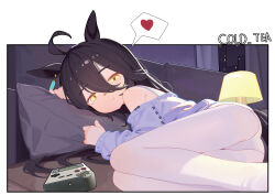 Rule 34 | 1girl, absurdres, animal ears, artist name, blush, bra strap, closed mouth, cold tea, ear tag, earrings, game boy, hair between eyes, handheld game console, heart, highres, horse ears, horse girl, horse tail, jewelry, long hair between eyes, looking at viewer, manhattan cafe (umamusume), off shoulder, panties, purple sweater, single earring, smile, solo, speech bubble, spoken heart, sweater, tail, umamusume, underwear, white panties, yellow eyes