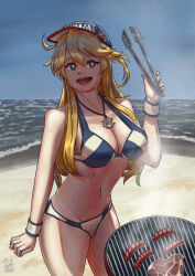 absurdres anchor_necklace baseball_cap beach bikini blonde_hair blue_eyes blue_sky breasts cleavage cloud commentary day english_commentary grill hat highres horizon iowa_(kancolle) iowa_(swimsuit)_(kancolle) jewelry kantai_collection large_breasts long_hair looking_at_viewer multicolored_bikini necklace ocean official_alternate_costume outdoors ron_(pixiv83091338) sky star-shaped_pupils star_(symbol) striped_bikini striped_clothes swimsuit symbol-shaped_pupils tongs two-tone_bikini