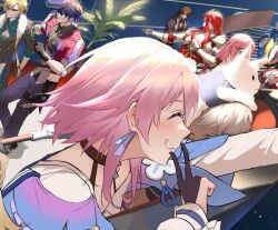 &gt;:) 4girls 5boys aqua_shirt argenti_(honkai:_star_rail) arlan_(honkai:_star_rail) asta_(honkai:_star_rail) aventurine_(honkai:_star_rail) black_choker black_gloves black_jacket black_pants black_shirt blonde_hair blue_hair brown_hair choker commentary gallagher_(honkai:_star_rail) gloves grin honkai:_star_rail honkai_(series) huybu51 jacket long_hair long_sleeves lynx_landau march_7th_(honkai:_star_rail) march_7th_(preservation)_(honkai:_star_rail) multiple_boys multiple_girls numby_(honkai:_star_rail) pants peppy_(honkai:_star_rail) pink_hair plant potted_plant red_hair red_jacket sampo_koski shirt smile topaz_(honkai:_star_rail) trotter_(honkai:_star_rail) v v-shaped_eyebrows white_hair white_shirt