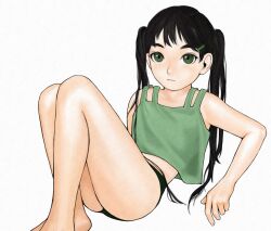 1girl bare_shoulders barefoot black_hair black_panties crop_top expressionless green_eyes highres kennomou long_hair looking_at_viewer original panties simple_background solo twintails underwear white_background