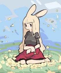 Rule 34 | 1girl, animal ears, armor, barefoot, blonde hair, breastplate, closed mouth, commentary, defender rabbit, easter, english commentary, flower, full body, highres, kneeling, long hair, looking at viewer, mino dev, rabbit and steel, rabbit ears, rabbit girl, red skirt, skirt, smile, solo, yellow eyes, yellow flower