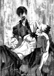 2boys abs black_hair black_shirt blood blood_in_hair blood_on_chest blood_on_face blood_on_mouth blood_on_neck canvas_texture carrying clenched_teeth closed_eyes coat collared_shirt double-parted_bangs fangs greyscale grin hair_between_eyes hair_over_eyes hand_on_another&#039;s_chest hand_on_another&#039;s_leg head_tilt implied_murder jacket jacket_on_shoulders kim_dokja lying monochrome multiple_boys no_shirt off_shoulder omniscient_reader&#039;s_viewpoint on_back open_mouth outstretched_arm pectorals princess_carry shirt smile tack_ka_2_0 teeth upper_body white_coat yoo_joonghyuk