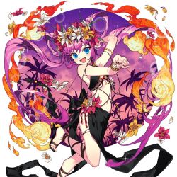 1girl armpits bare_legs black_sandals black_skirt blue_eyes breasts dancing fireball flower hair_flower hair_ornament hitodama kagutsuchi_(uchi_no_hime-sama) long_hair long_skirt moon off_shoulder open_mouth pika_(kai9464) pink_hair red_moon sandals side_slit skirt uchi_no_hime-sama_ga_ichiban_kawaii very_long_hair