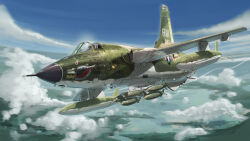 1boy absurdres aircraft airplane blue_sky bomb cloud commentary_request day explosive external_fuel_tank f-105_thunderchief fighter_jet flying helmet highres kudryavka_trop military military_vehicle nose_art original outdoors pilot pilot_helmet roundel shark_nose_art signature sky vehicle_focus vietnam_war