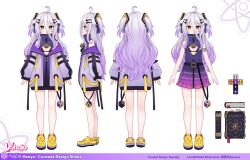 1girl absurdres ahoge atom belt belt_buckle book buckle character_name cleavage_cutout clothing_cutout company_name crocs cube equation gradient_hair hair_between_eyes hair_ornament hair_ribbon hairpin henya_the_genius henya_the_genius_(1st_costume) high_collar highres jacket long_bangs long_hair math multicolored_hair number_tattoo off_shoulder official_art purple_hair purple_jacket reference_sheet ribbon roman_numeral rubik&#039;s_cube shoes shoulder_tattoo squeaky_(artist) tattoo two_side_up virtual_youtuber vshojo yellow_eyes yellow_shoes zipper_pull_tab