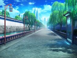 artist_request blue_sky bush city cloud cobblestone day game_cg magia_record:_mahou_shoujo_madoka_magica_gaiden mahou_shoujo_madoka_magica no_humans official_art outdoors path road scenery shade sky willow