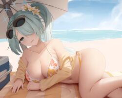 1girl absurdres beach bikini blue_archive blue_sky breasts commentary_request cooler eyewear_on_head floral_print_bikini flower hair_flower hair_ornament hair_over_one_eye halo highres hiyori_(blue_archive) hiyori_(swimsuit)_(blue_archive) jacket large_breasts long_hair looking_at_viewer lying navel official_alternate_costume on_side open_mouth orange_bikini outdoors sausage_(qqc33693) side_ponytail sky solo stomach sunglasses swimsuit white_bikini yellow_jacket
