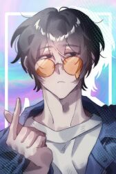 Rule 34 | 1boy, alternate costume, averting eyes, black eyes, black hair, blue coat, coat, double-parted bangs, drop shadow, finger heart, hair between eyes, hand up, highres, ideal u u, limbus company, male focus, orange-tinted eyewear, popped collar, project moon, shirt, short hair, solo, tinted eyewear, upper body, white shirt, yi sang (project moon)