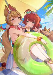 2girls ahoge alice_thymefield alice_thymefield_(sea_of_thyme) animal_ears beach beach_umbrella bracelet breasts commentary day eyewear_on_head facial_mark food green_eyes green_innertube grin hairband heart heart-shaped_eyewear heart_facial_mark heterochromia highres holding holding_food holding_ice_cream holding_swim_ring ice_cream innertube jewelry kamanosuke_(zenless_zone_zero) large_breasts long_hair looking_at_viewer low_twintails multiple_girls ocean orange_eyes outdoors rabbit_ears rabbit_girl red_hair salmonppang sand sitting smile sphere_hair_ornament swim_ring tanuki twintails ukinami_yuzuha ukinami_yuzuha_(tanuki_in_broad_daylight) umbrella watch wet white_hairband wristwatch yellow_eyes zenless_zone_zero