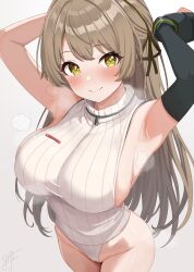1girl absurdres armpits arms_up blush breasts brown_hair cameltoe chinese_commentary closed_mouth commentary_request cowboy_shot elbow_gloves girls&#039;_frontline girls&#039;_frontline_2:_exilium gloves green_ribbon grey_background hair_ribbon highres lainie_(girls&#039;_frontline_2) large_breasts leotard long_hair ribbed_leotard ribbon shen_bi_ren_(pixiv56919482) simple_background single_glove sleeveless_turtleneck_leotard smile solo star-shaped_pupils star_(symbol) steaming_body symbol-shaped_pupils ump40_(girls&#039;_frontline) white_leotard yellow_eyes