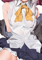 1girl absurdres arm_support arudi412 black_robe black_skirt bow bowtie collared_shirt elaina_(majo_no_tabitabi) head_out_of_frame highres layered_skirt long_hair majo_no_tabitabi off_shoulder open_clothes open_robe pleated_skirt ribbon robe shirt simple_background skirt sleeveless sleeveless_shirt solo thighs white_background white_hair white_shirt witch yellow_bow yellow_bowtie yellow_ribbon