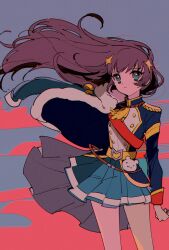 Rule 34 | 1girl, :|, aiguillette, arm at side, badge, belt, belt buckle, blue background, blue eyes, blue skirt, buckle, cape, closed mouth, contrapposto, cowboy shot, dot nose, epaulettes, floating clothes, floating hair, fur-trimmed jacket, fur trim, grey cape, highres, jacket, jacket on shoulders, kagura hikari, long sleeves, miniskirt, pink background, pochi (askas is god), purple hair, red sash, red sleeve cuffs, sash, shoujo kageki revue starlight, shoulder sash, single horizontal stripe, skirt, solo, sparkle hair ornament, standing, stuffed animal, stuffed toy, tassel, teddy bear, two-tone background, waist cape, wind, yellow belt, yellow trim