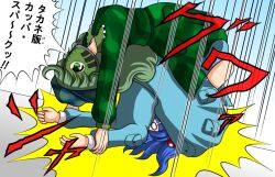 Rule 34 | 2girls, blue dress, blue hair, camouflage, camouflage dress, cosplay, dress, green eyes, green hair, kawashiro nitori, kinnikuman, kinnikuman soldier, kinnikuman soldier (cosplay), mask, multiple girls, muscle spark, sutekase, touhou, translation request, wrestling, wrestling mask, yamashiro takane