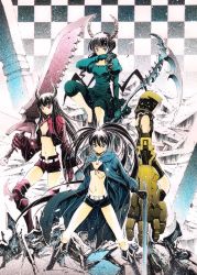 10s 4girls bad_id bad_pixiv_id bikini bikini_top_only black_gold_saw black_hair black_rock_shooter black_rock_shooter_(character) blue_eyes boots coat dead_master highres horns king_saw long_hair midriff moonsorrow multiple_girls navel pale_skin red_eyes scar scythe shorts strength_(black_rock_shooter) swimsuit sword thighhighs twintails very_long_hair weapon
