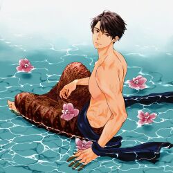 1boy absurdres axis_powers_hetalia brown_eyes brown_hair ca_lamari dark-skinned_male dark_skin flower full_body highres indonesia_(hetalia) indonesian_clothes looking_at_viewer looking_back male_focus muscular muscular_male partially_submerged sash short_hair sitting solo topless_male water wet